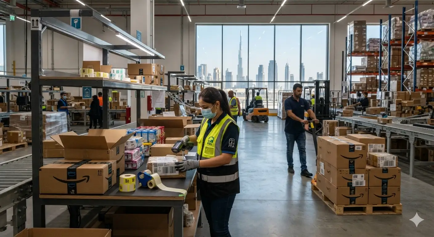 Warehouse staff labelling and scanning cartons during Amazon FBA prep at a Dubai fulfilment centre