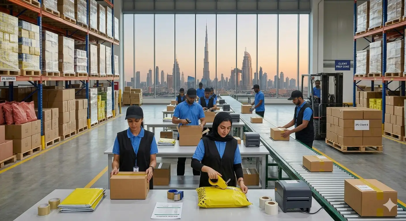 Prep team packing and labelling noon FBN shipments on the conveyor line at a Dubai warehouse